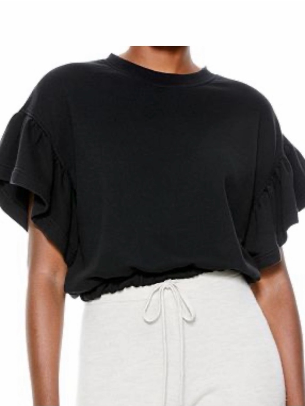 Alice + Olivia Black Ruffle Sleeve Drawstring Crop Tee